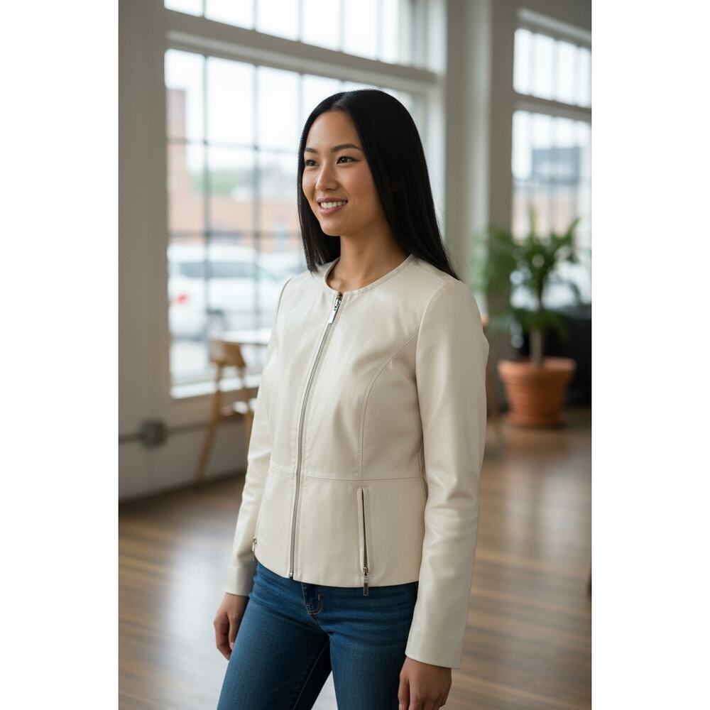 Tesori Womens Jacket Sz L Beige Cream Textured Leather Zip Front Pockets Lined